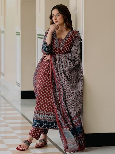 Image of Arayna Women's 100% Pure Cotton Printed Ethnic Suit | A-Line Kurta Set with Pant & Dupatta