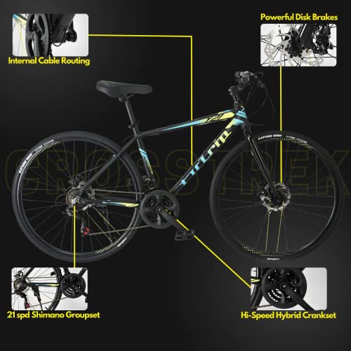 Image of Fittrip Crosstrek Hybrid Cycle | India's Lightest Hybrid | 21 Speed Gearset | Adjustable Stem | Dual Disk Brakes | Yellow-Blue (Large)