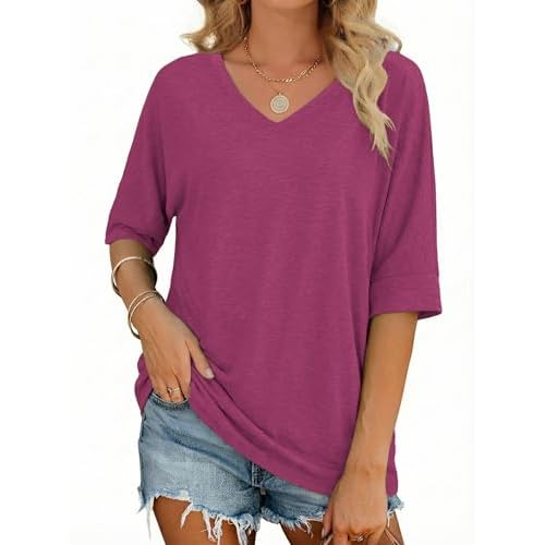 Totatuit Womens Oversized Tee Shirts Short Sleeve V Neck Blouse Side Slit Basic Tshirts Loose Fit Tunic Tops Pink XX-Large