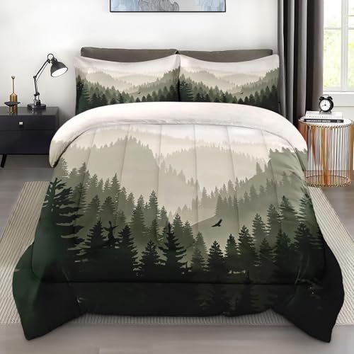 Pamnest Comforter Set Full Size, Mountain Pine Tree Soft 3 Pcs Bedding for Kids and Adults Natural Forest Landscape Comforter Set with 2 Pillowcases for Bedroom Bed Decor