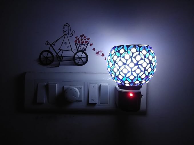 Wish Deal Ceramic Kapoor Dani Night lamp Electric Glass Incense Burner, Aroma Burner with Night Lamp, Electric Kapur Burner (Blue)(Round)