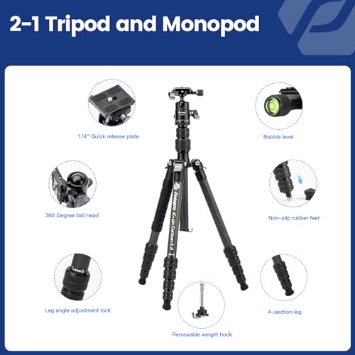Image of Fotopro 62 inch Carbon Fiber Travel Tripod, Lightweight Compact Camera Tripod with Ball Head and Arca-Swiss Quick Release Plate, Detachable Monopod, Carry Bag, Load up to 8KG /17.63lbs, Weighs only 2lbs.