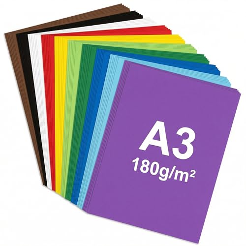 QWORK 50 Stück A3 Tonkarton 180gsm 10 Farben Buntes Fotokarton Set Zum Basteln & Drucken