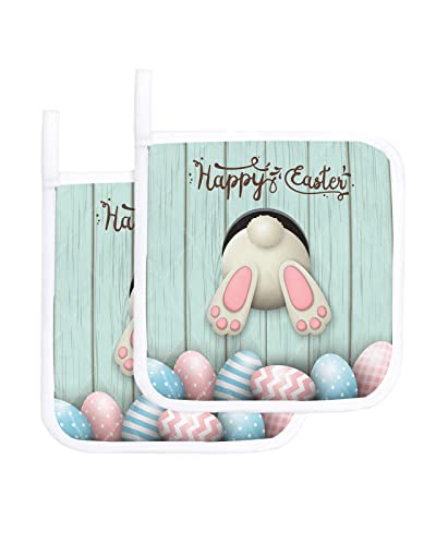 Pot Holder Set of 2 Easter Funny Rabbit in Wooden House Potholder Heat Proof Non-Slip Pot Holders,Colorful Eggs Hot Pads Potholders for Kitchen Cooking Baking BBQ