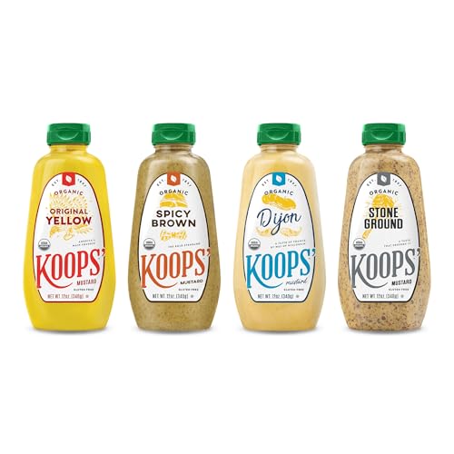 Image of Koops' Organic Mustard Variety Pack - Original Yellow, Spicy Brown, Dijon, & Stone Ground - Gluten-Free, Kosher, USDA Organic, Made in USA, From Quality Mustard Seeds - 12 Oz, Pack of 4