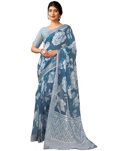 Image of Satrani Women's Linen Printed & Zari Border Ready To Wear One Minute Pre Pleated Readymade Saree with Unstitched Blouse Piece