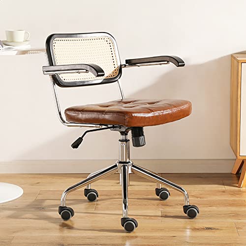 Chaise de bureau pivotante rétro en rotin marron pour salon et télétravail à la maison