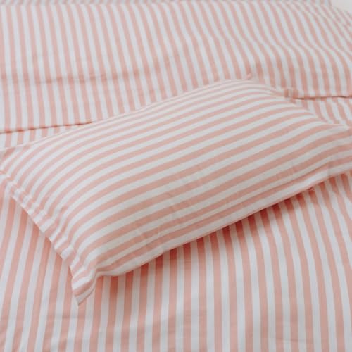 Image of Haus & Kinder Double Bed Bedsheet 90 x 100 | 186 TC Pure Cotton Bed Sheet Double Bed with 2 Pillow Covers | Queen Size Bed Sheet | Momoiro Stripe Peach Pink