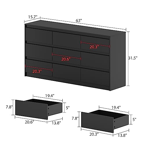 Hitow 9 Drawer Dresser for Bedroom with Deep Drawers, Large Floor Wood Dressers & Chest of Drawers Handle Free, Modern Black Long Dressers for Closet Living Room (63\" W x 15.7\" D x 31.5\" H)