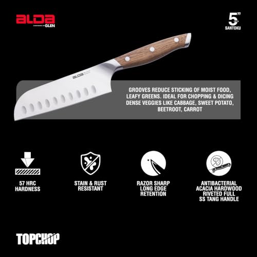 Image of Alda Top Chop Santoku Kitchen Knife 5 Inch - German Stainless-Steel Blade, Granton Edge Grooves, Acacia Wood Handle, Professional Knife for Chopping Cabbage, Carrot, Beetroot & Sweet Potato, 57 HRC
