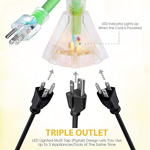 50 FT 10/3 Outdoor Extension Cord - Rubber, Flexible, Triple Outlet, Green Wire with Live Power Light Indicator. 15 Amp