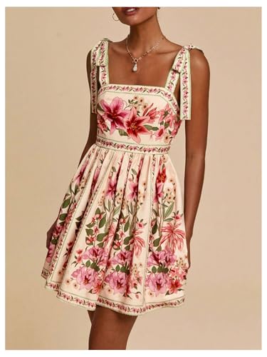 Image of OYOANGLE Women's Boho Dress Floral Tropical Vacation Dress Sleeveless Tie Shoulder Summer Flowy Mini Dress Sundress