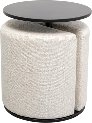 Kare Design Beistelltisch mit Hocker, Better Together (2-teilig), Creme/Schwarz, 46cm Durchmesser, Ablage Wohnzimmertisch, inklusive Hocker, Stahlgestell, Rund