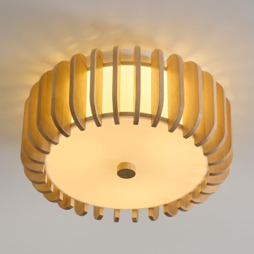 Wood Durm Flush Mount Ceiling Light, Low Profile Ceiling Light, 13.4"
