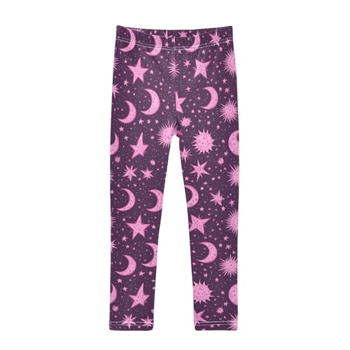 Pink Star Moon Sun Girls Leggings Ultra Soft Compression Yoga Gym Pants for Kids 4-10T