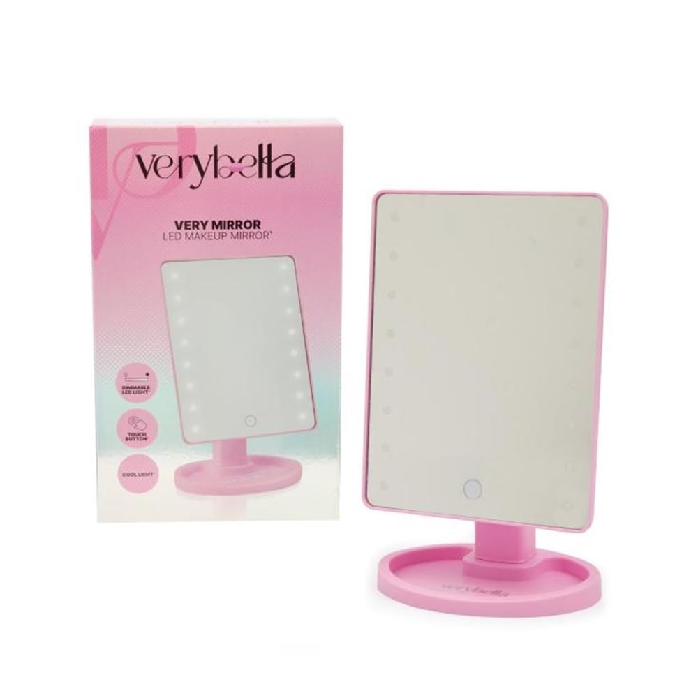 Very Bella Make-Up Mirror for Table Colour Pink LED Lights Adjustable Turn On Touch Turn and Tilt up to 180 Degrees Size 285 x 169 cm