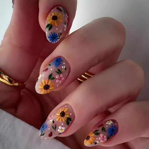 Press on Nails Almond Medium Fake Nails wite Floral Designs Cute ...