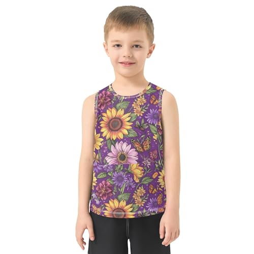 Autumn Sunflower Butterflies Purple Boys Tank Tops Sleeveless Casual Vest Tees Sports Outdoor Outfit for Beach Swim 3T2