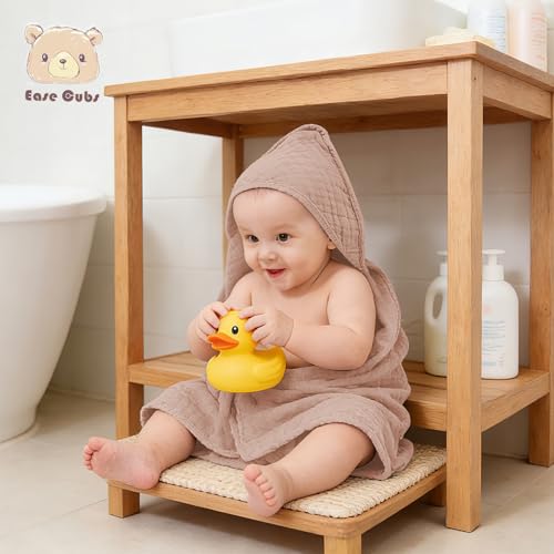 Image of Ease Cubs 3-Pack Muslin Hooded Baby Towels, 100% Cotton, Ultra-Soft & Absorbent Baby Bath Towels with Hood for Babies, Infant, Toddler and Newbron (Bean Paste Series,32 inch x 32 inch)