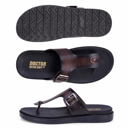 Image of DOCTOR EXTRA SOFT Men's Classic Casual Original Leather Thong Black /Brown Sandals /Chappals with Memory Foam Cushion| Stylish & Non-Slip|Comfortable & Lightweight |Flip flops Slippers Gents & Boys F-3
