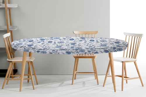Image of The Furnishing Tree Elastic Cotton Oval Dining Table Cover 30x48 in Inches Floral Blue on White Base