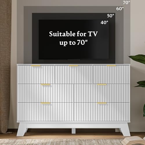 Image of HUANLEGO 48 inch W Fluted Dresser for Bedroom with 7 Drawers, White | Mid Century Modern Dressers & Chest of Drawers, Boho Dresser for Closet, 7 Drawer Storage TV Stand for Bedroom