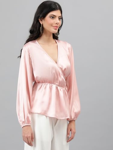 Image of KOTTY Womens Satin Full Sleeves Solid Regular Fit Top