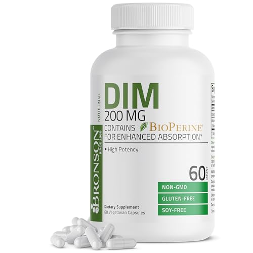 Bronson DIM 200 MG Supplement Diindolymethane with BioPerine for Enhanced Absorption Estrogen Metabolism & Maintains Balanced Hormone Levels 60 Vegetarian Capsules