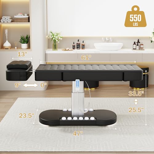 Image of Fully Electric Spa Table /Chair with LED Light, 3 Motor Height, Backrest, Leg Support Adjustable for Massage, Facial, Medical, Tattoo, Waxing, Eyelash Extension, Beauty Salon and More - Black