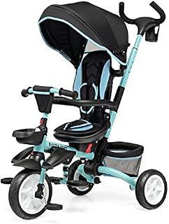 Maxmass 6-in-1 Baby Trike, Folding Kids Tricycle with 360 Degree Swivel Seat, Removable Canopy, Rear Brake, Safety Belts and Parent Handle, Double Brake Toddler Stroller for 12-50 Months (Blue)