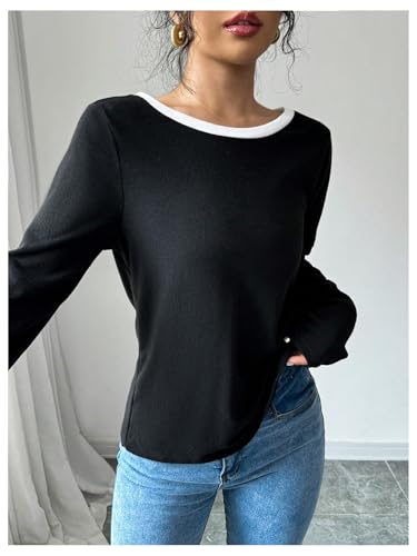 GORGLITTER Women's Bow Open Back T Shirt Backless Long Sleeve Colorblock Crewneck Fall Trendy Going Out Tee Tops3