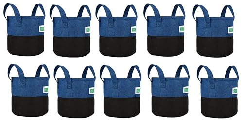 GREENSHEEP Geo Fabric Grow Bags UV Treated Gardening Cotton Pots Terrace Indoor Outdoor Home Balcony Nursery Leafy Vegetable Fruits and Flower (Black & Blue Round 400 GSM Size 12x12 Pack of 10)