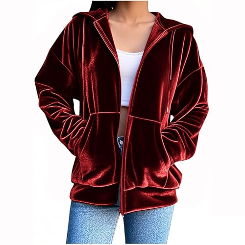 Lmdudan Women Velvet Zip Up Hoodie Long Sleeve Fall Oversized Hooded Sweatshirt Y2K Jacket with Pockets 2025 Fashion Clothes Red