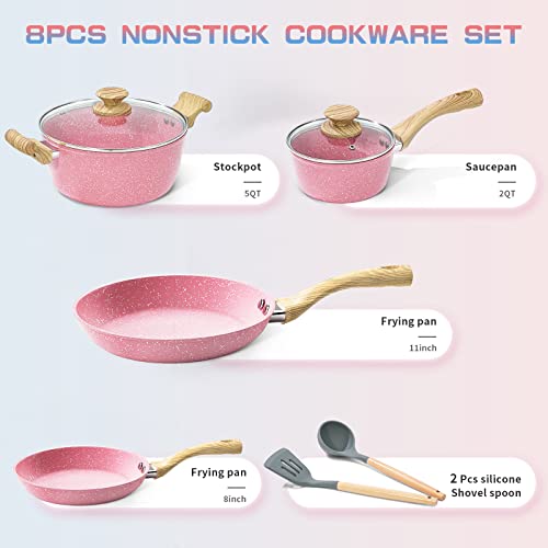 Nonstick Cookware Sets, 8 Piece Pots And Pans Set, Granite Stone Cookware Non Stick Frying Pan Set With Stay Cool Handles, Pink Kitchen Cookware Sets 100% Pfoa-Free, Toxin-Free, Induction Compatible #TOP1