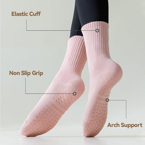 Image of TOAMOUR Pilates Socks with Grips for Women, 4 Pairs Non Slip Grippy Socks | Athletic Ballet Barre Dance Workout Hospital Yoga Crew Socks, Arch Support, Elastic Stretch, Smooth Toe, US 5-9