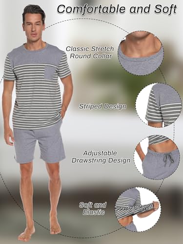 Men's Pajama Set Cotton Pajamas Striped Short Sleeve & Shorts Pjs Sets Sleepwear Summer Lounge Set with Pockets4