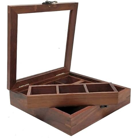 RSKGOODS Wooden Masala Dabba Indian Spice Box/Masala with Glass Lid and 9 Compartments Sheesham Wood Box Set, Brown Cover