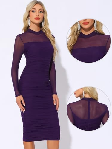 Image of Allegra K Mesh Dress for Women Long Sleeve Mock Neck Ruched Bodycon Dresses | Ruched, Lightweight Stretchy Mesh Sheer, Evening, Cocktail, Party Club