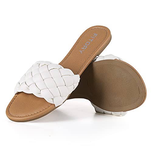 Fitory Womens Flat Sandals Fashion Round Open Toe Slip On Slides With Braided Strap Slippers For Summer Size 7 White #TOP7