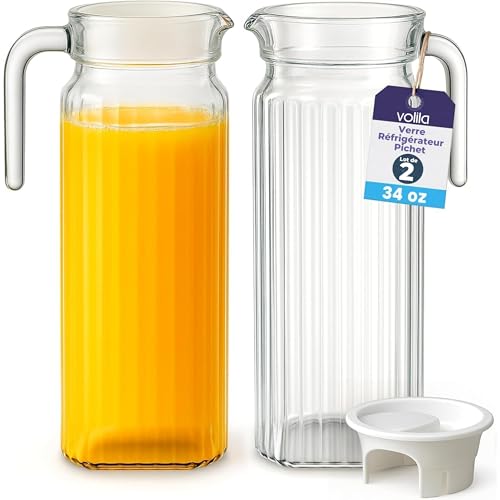Fridge Jug 1L Glass Water Jug with Lid (2 Pack) - Clear Water Pitcher with Ribbed Glass Design & Handle for Fridge Shelf & Everyday Use with Vented Spout - Juices, Pimms & Picnics
