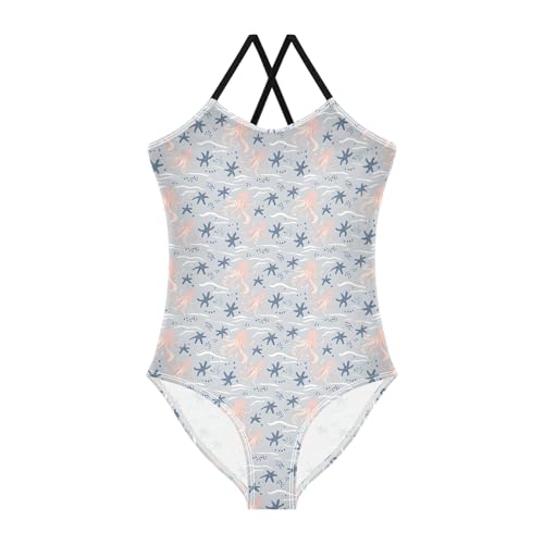 senya Girls Swimsuits One-Piece Swimwear Tie Bathing Suit Beach Summer Round Neck 5-6T Octopus Starfish Wave Pattern