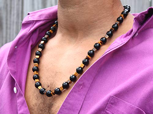 Auras By Osiris - Onyx And Tiger Eye Beaded Necklace For Men - World Class Durability & Magnetic Clasp - Aura Shielding - Confidence - Handcrafted By Master Shaman #TOP5