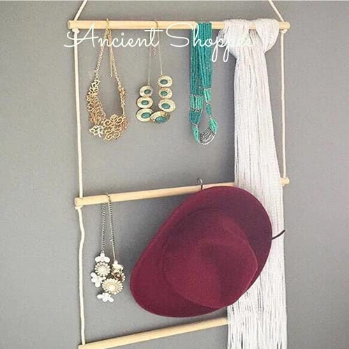 Image of Wooden Wall Clothes Hanger Wood Rope Ladder Display Shelf Doll-Mounted Stand 3 Layer Clothes Storage Rack Clothes Stand Wall Decoration