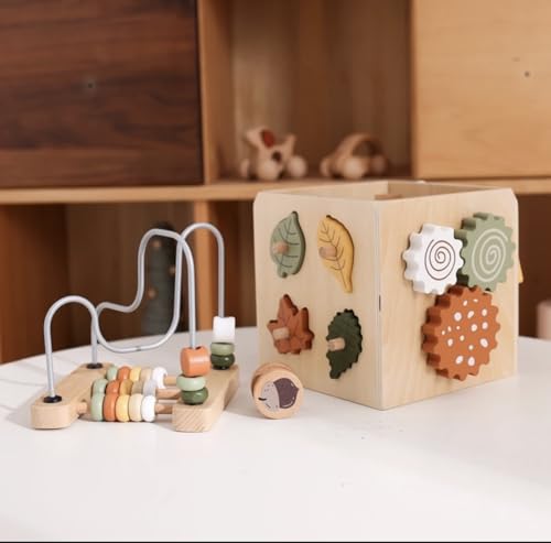 Image of Wooden Activity Cube, Bead Maze, Gears, Shapes, Rabbit Figure, 10 x 10 x 10 inches