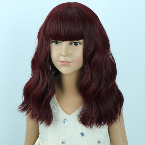 Image of Deep Red Wig Girls Short Red Wavy Curly Wigs Wig with Air Bangs Synthetic Cosplay Hair Wigs