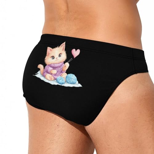 Cute Cat Knitting with Yarn Balls Printed Swim Briefs for Men Sexy Bikini Swimwear Elastic Beach Trunks Bathing Suit4