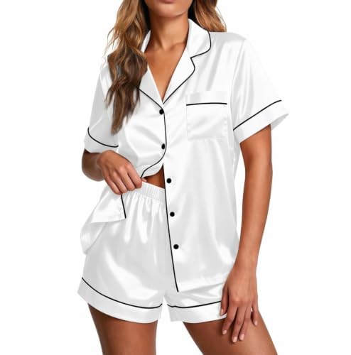 Image of Ekouaer Pajamas for Women Set Silk Satin Pjs Button Down Sleepwear Summer Loungewear Top and Shorts Lounge Set S-XXL