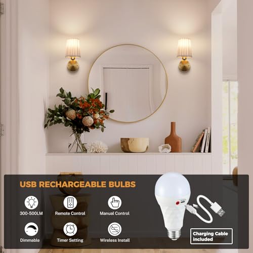 Image of Operated Wall Sconce Set of 2, 6500mAh Rechargeable Wall Sconces Operated Light Dimmable Powered Wall Lights with Black Gooseneck for Bedroom Living Room
