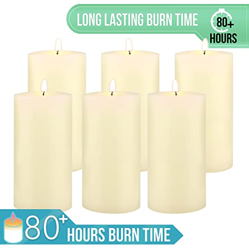 Image of Stonebriar Tall 3 x 6 Inch 80 Hour Long Burning Unscented Wax Flat Top Pillar Candles, Ivory, 6 Pack
