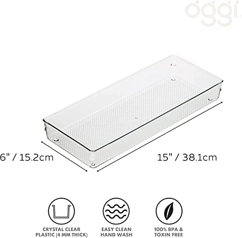 Image of Snazzy 3 Pack Clear Plastic Drawer Organizer Tray Cutlery Utensil Makeups Drawer Organizers 15 inch X 6 inch